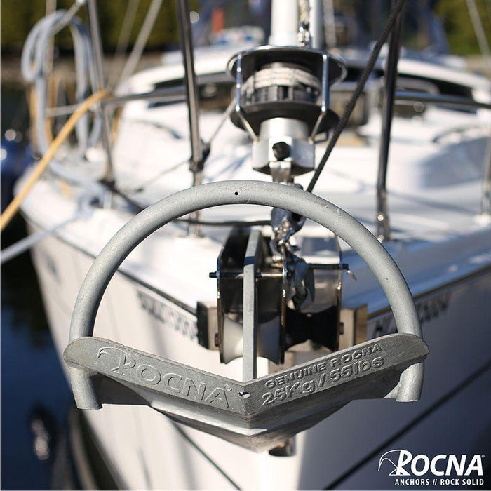 rocna galvanized anchor on the front of a boat